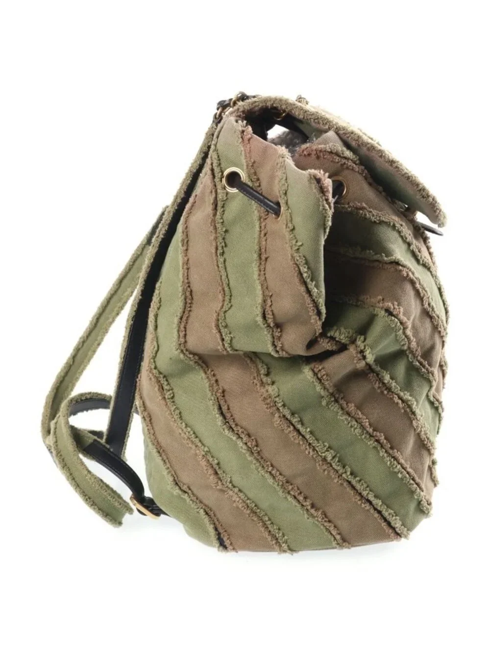 Chanel CC Logo Quilted Slash Quilt Canvas Chain Shoulder Backpack Gold Khaki